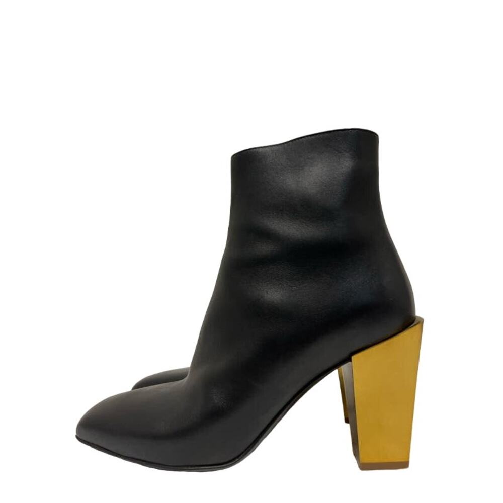 SALVATORE FERRAGAMO Black Leather Gold Block Heels Zip Square Toe Bootie Boots 7 - Picture 5 of 9